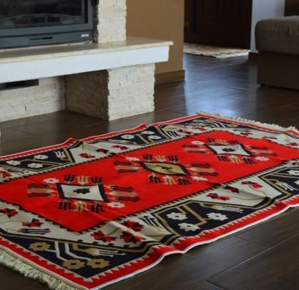 Covor bumbac cu romburi - roșu cu albastru -0