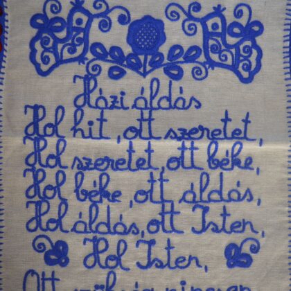 Binecuvăntarea casei, cusut manual, limba maghiară, albsatru cu pasăre-0